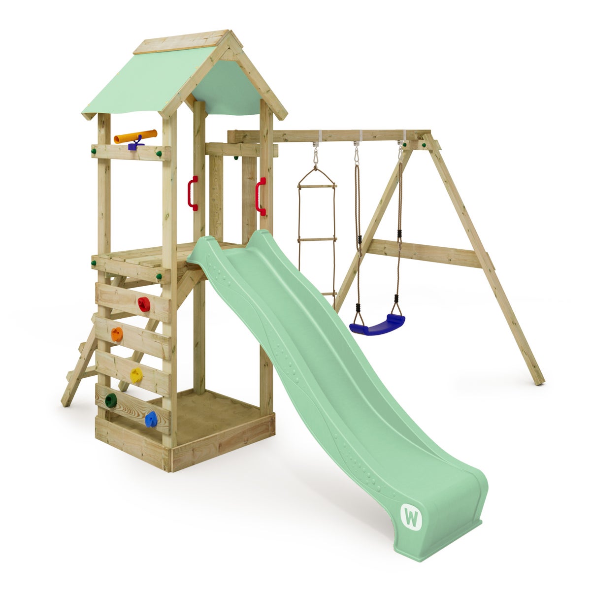WICKEY Spielturm Klettergerüst FreeFlyer mit Schaukel und Rutsche, Kletterturm mit Sandkasten, Leiter und Spiel-Zubehör – pastellgrün