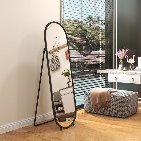 HOMCOM Ganzkörperspiegel, 160 x 40 cm Wandspiegel mit Ständer, Metallrahmen, Oval Standspiegel für Wohnzimmer, Schlafzimmer, Schwarz