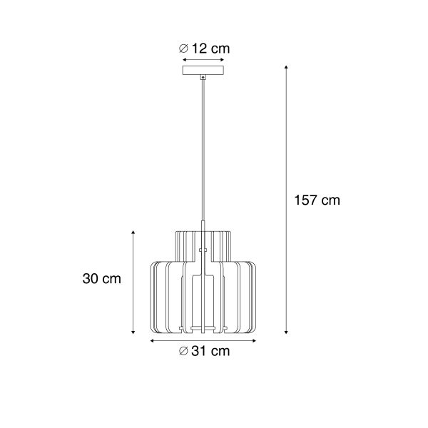 Skizze einer Pendelleuchte mit Maßen: Gesamthöhe 157 Zentimeter, Schirmhöhe 30 Zentimeter, Durchmesser 31 Zentimeter, Baldachin 12 Zentimeter.