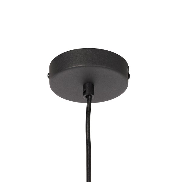 Schwarzer Deckenbaldachin aus Metall für Pendelleuchten mit schwarzem Textilkabel.