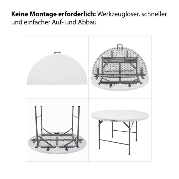 Klappbarer runder Tisch mit Tragegriff, werkzeugloser Aufbau, Metallgestell und Kunststofftischplatte für einfache Lagerung.