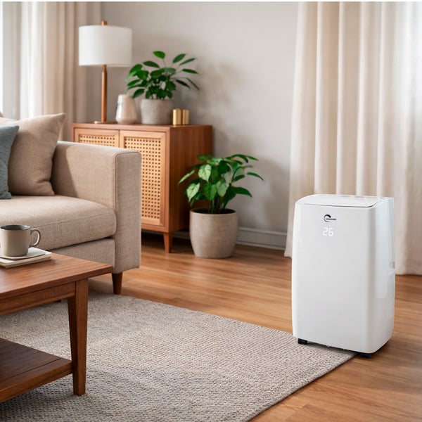 Mobiles Klimagerät in einem hellen, modern eingerichteten Wohnzimmer mit Holzfußboden, Teppich, Sofa und Zimmerpflanzen.