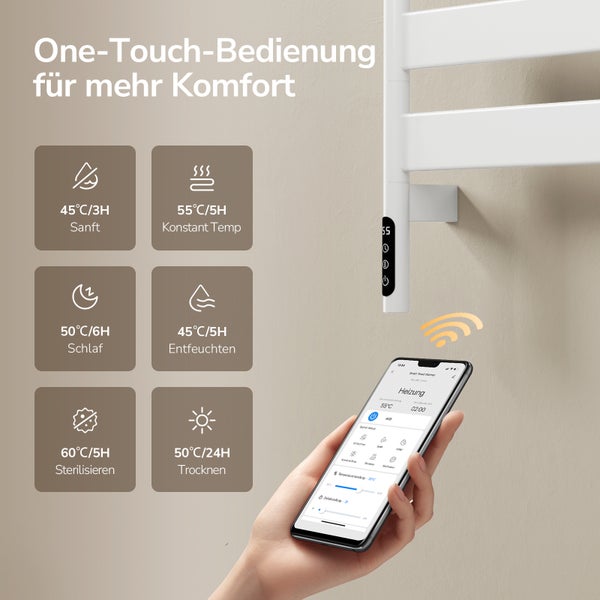 Handtuchheizkörper mit App-Steuerung und sechs Modi wie Sanft, Konstanttemperatur, Schlaf, Entfeuchten, Sterilisieren und Trocknen.