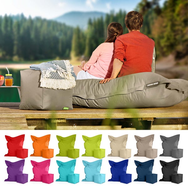 Green Bean 2er Set XXL Sitzsack inkl. Pouf fertig befüllt mit EPS-Perlen - Riesensitzsack 140x180 Lounge Sitz-Kissen Bean-Bag Chair  - Taupe