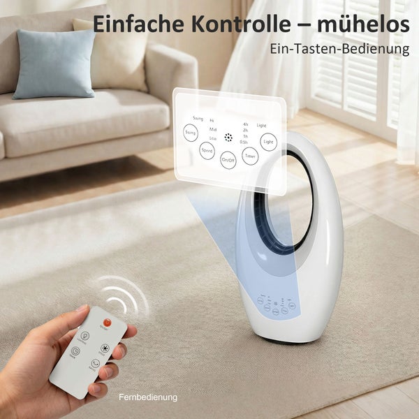 Blattloser Ventilator in einem hellen Wohnzimmer mit Fernbedienung und Touch-Bedienfeld für Timer, Geschwindigkeit und Licht.