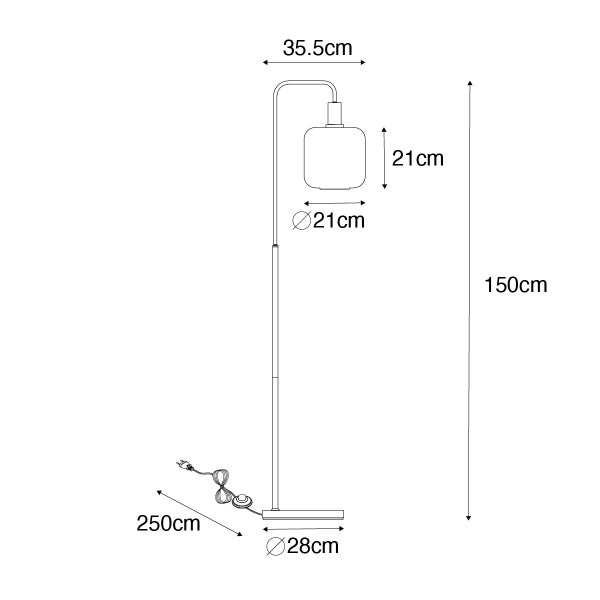 Technische Zeichnung einer Stehlampe mit Maßen