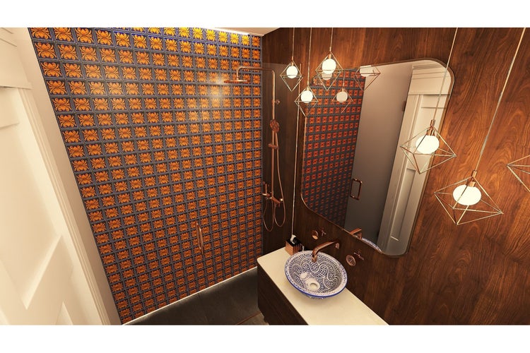 Badezimmer mit Dusche, Waschtisch und gemusterten Fliesen