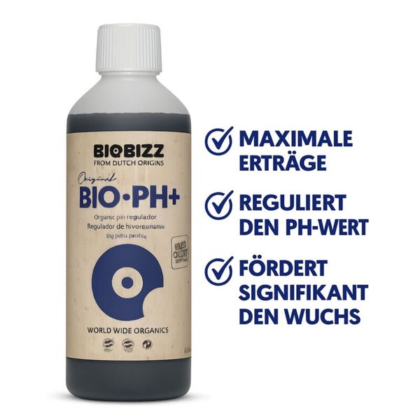 Flasche Biobizz Bio-PH Plus organischer pH-Regulator für maximale Erträge, Regulierung des pH-Werts und Förderung des Pflanzenwachstums.
