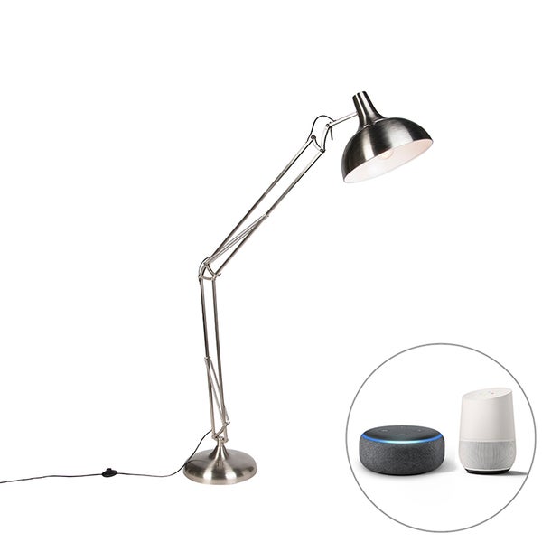 QAZQA - Modern Smarte Stehlampe Stahl I Silber I nickel matt inkl. Wifi A60 - Hobby I Wohnzimmer I Schlafzimmer - Stahl Rund - LED geeignet E27