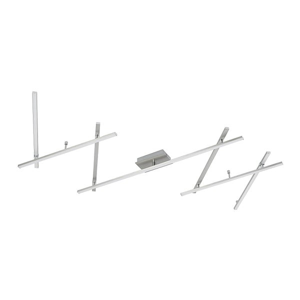 Moderne LED-Deckenleuchte aus Metall mit überkreuzten Lichtleisten und rechteckigem Gehäuse.