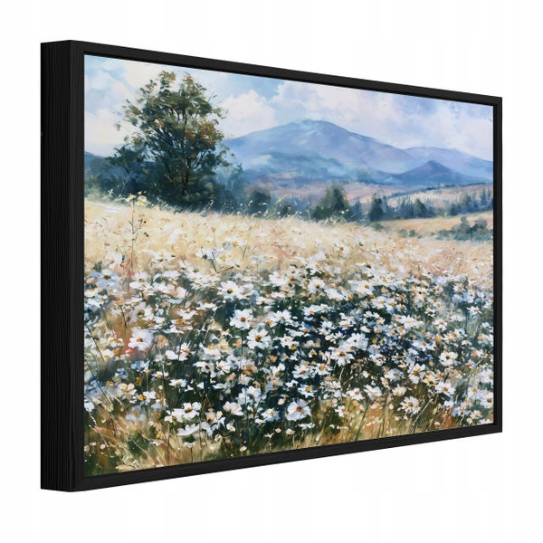 Wandbild mit Motiv einer Blumenwiese vor Berglandschaft in einem schwarzen Rahmen in perspektivischer Ansicht.