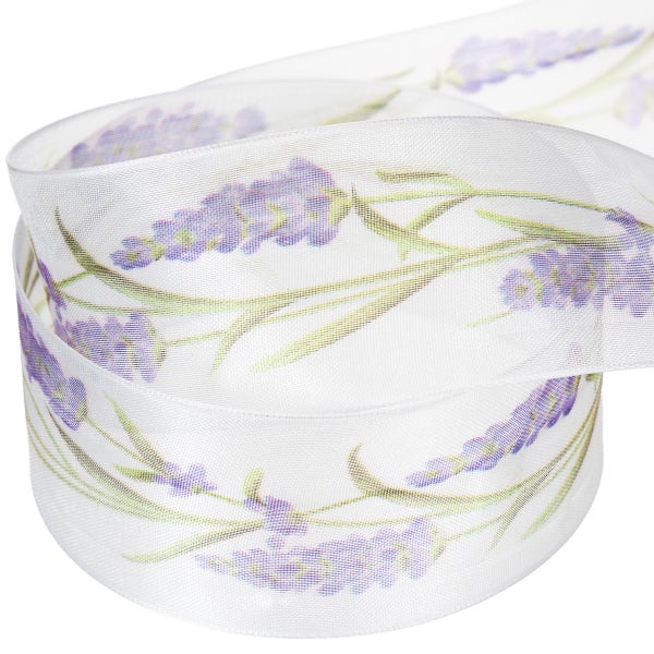 Weißes transparentes Dekoband mit Lavendelmotiv.