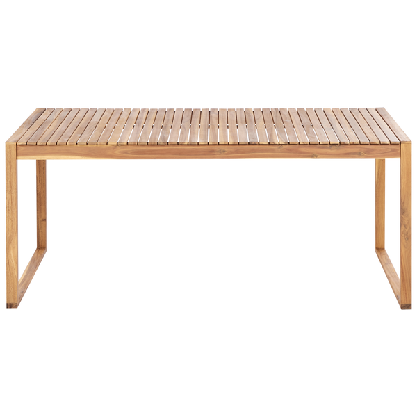 Rechteckiger Gartentisch aus Holz mit Lattendesign und U-förmigen Beinen.