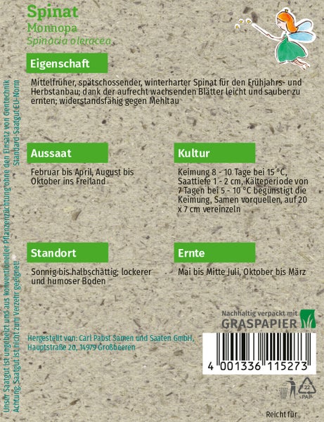 Rückseite der Saatgutpackung für Spinat Monnopa mit Anbauhinweisen zu Aussaat und Ernte auf nachhaltigem Graspapier.