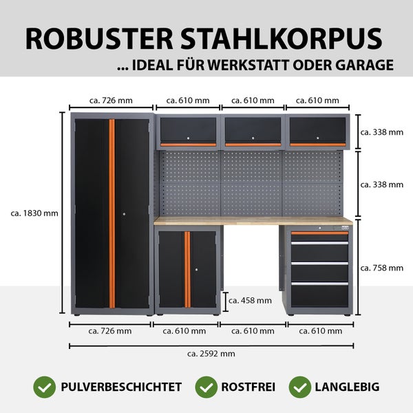 Werkstatteinrichtung mit Werkbank, Schrank, Schubladenelementen und Lochwand mit Maßangaben