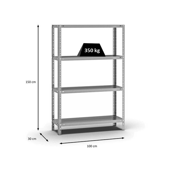 PROREGAL Fachbodenregal Schraubsystem Heavy-Duty Grundregal HxBxT 150 x 100 x 30 cm 4 Ebenen Fachlast 350 kg Beidseitig Nutzbar Verzinkt