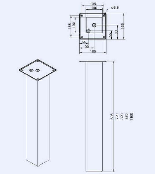 Technische Zeichnung eines quadratischen Tischbeins mit Maßangaben für Montageplatte und Höhen.