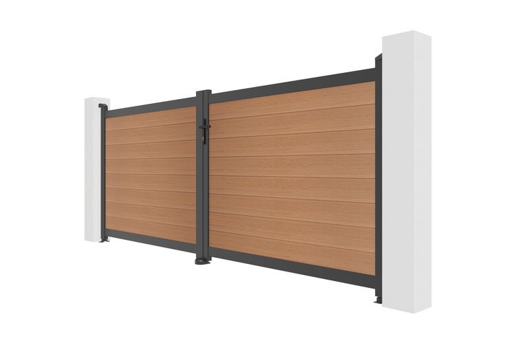 Zweiflügeliges Einfahrtstor mit horizontalen Paneelen in Holzoptik und anthrazitfarbenem Metallrahmen.