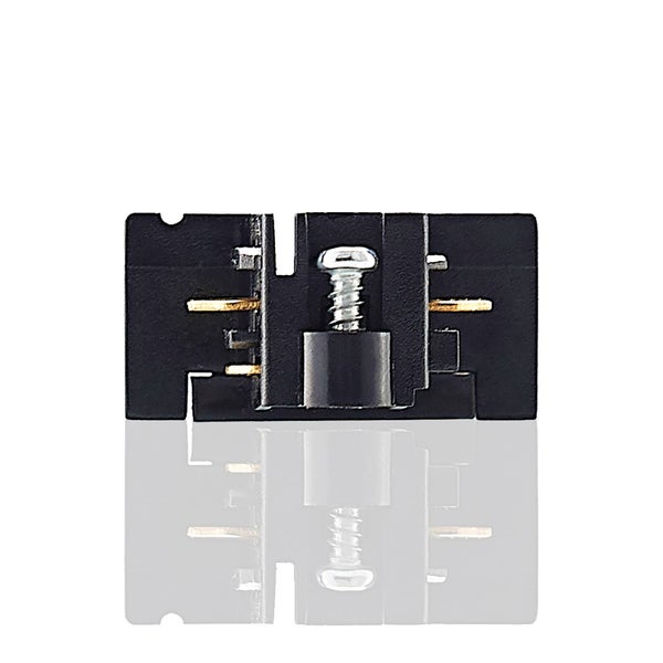 Schwarze Anschlussklemme mit Metallschraube, Feder und Messingkontakten.