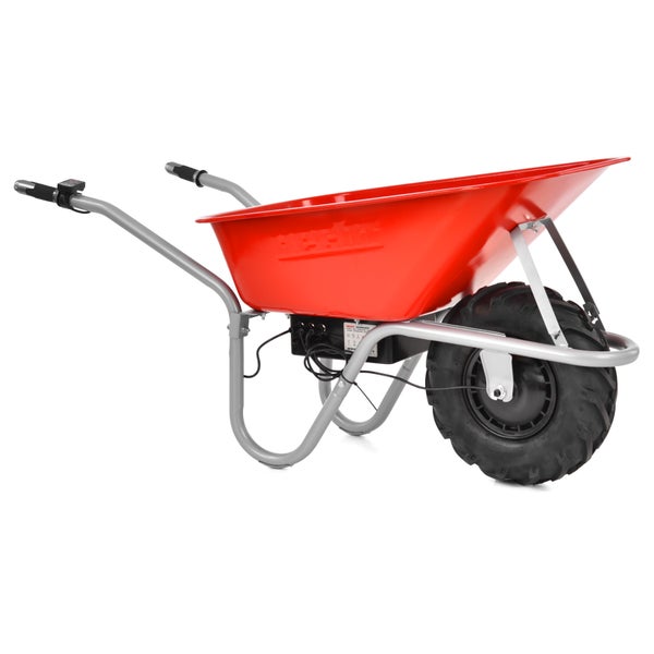 Elektrische Schubkarre mit roter Metallwanne, Hecht Logo, grauem Gestell, Reifen mit tiefem Profil und Bedienelement am Handgriff.