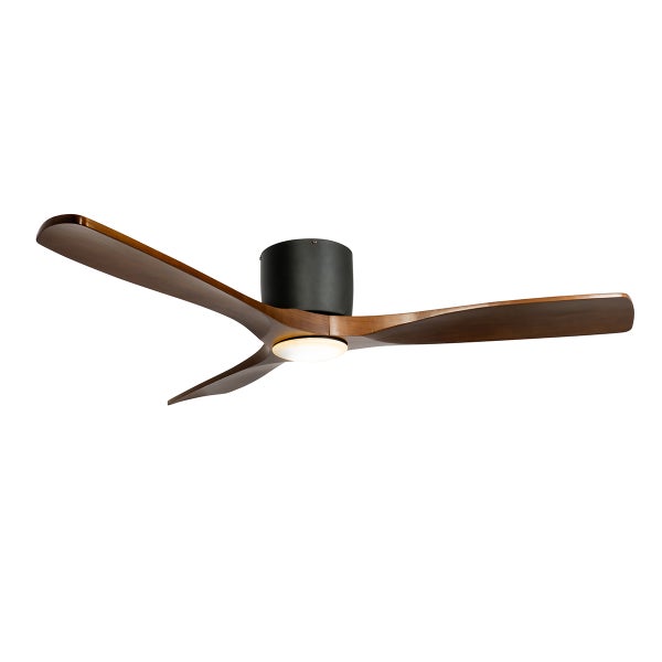 Deckenventilator mit drei Holzflügeln, schwarzem Gehäuse und integrierter LED-Leuchte.