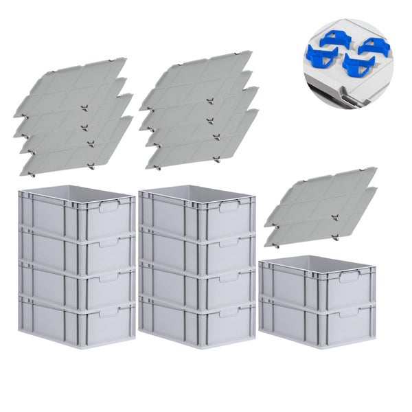 PROREGAL Spar Set 10x Eurobox Nextgen Economy Mit Auflagedeckel & 4x Schiebeschnappverschlüsse Blau Griffe Geschlossen HxBxT 22 x 40 x 60 cm 44 Liter