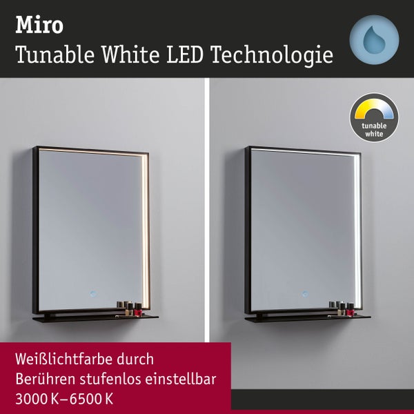 LED-Badspiegel Miro mit Tunable White LED Technologie, Lichtfarbe von 3000 bis 6500 Kelvin per Berührung stufenlos einstellbar, mit Ablage.
