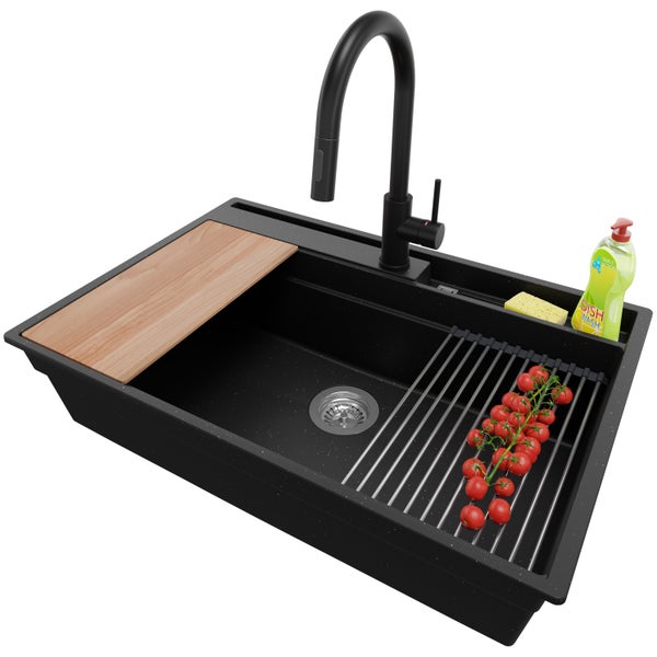 PRIMAGRAN Granitspüle Schwarz Metallic 78x53cm, Spülbecken 1 Becken + Küchenarmatur 40x20cm + Ablauf-Set + Küchenzubehörset, Küchenspüle ab 80er Unterschrank - Oslo Pocket