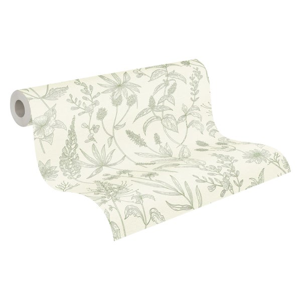 Wand mit floraler Tapete, dekoriert mit Regalen, Bildern und einer Lampe