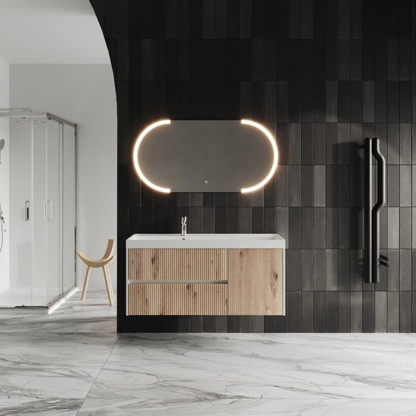120cm Badezimmermöbel in Holzoptik Eiche mit Led Lichtspiegel mit touch Sensor | Cortina