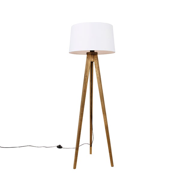 QAZQA - Landhaus I Vintage Ländliches Stativ Vintage Holz mit Leinenschirm weiß 45 cm - Tripod I Dreifuß Lampe I Dreifuss Classic I Wohnzimmer I Schlafzimmer - Länglich - LED geeignet E27