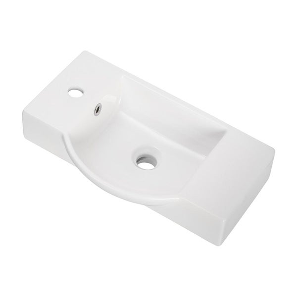 Fackelmann MILANO Gäste-WC Set 2 Teile – Waschtischunterschrank in Weiß mit Holz Braun mit Waschbecken aus Keramik – SBC Waschbeckenunterschrank schmal – 2 Türen – Hahnloch links – 55 cm breit