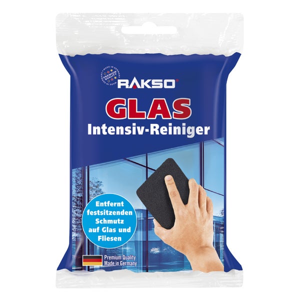Rakso Glas-Intensiv-Reiniger zur Entfernung von festsetzendem Schmutz auf Glas und Fliesen.