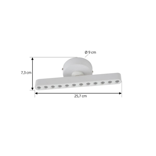 Weiße LED-Wand- oder Deckenleuchte: Breite 25,7 Zentimeter, Höhe 7,3 Zentimeter, Sockeldurchmesser 9 Zentimeter.