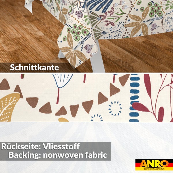 Tischdecke mit floralem Muster, Schnittkante, Rückseite aus Vliesstoff und ANRO Logo.