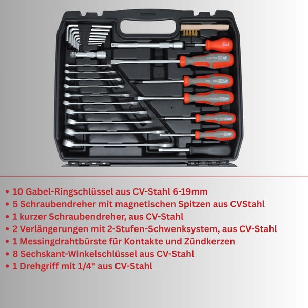 Werkzeugkoffer mit Schraubenschlüsseln, Schraubendrehern, Drahtbürste und Inbusschlüsseln