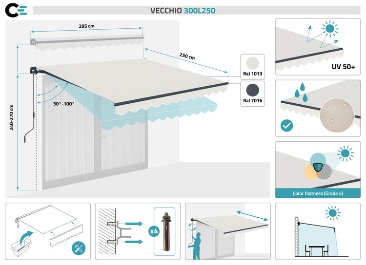 Beige einteilige Markise VECCHIO 3m x 2,5m - Premium-Canvas 320 g/m²