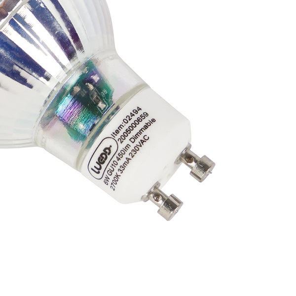 LED-Leuchtmittel GU10, 6 Watt, 450 Lumen, dimmbar, 2700 Kelvin, LUEDD Logo.