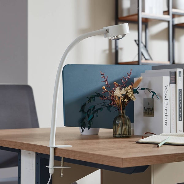 Schreibtisch mit Tischleuchte mit Klemme, Bücher und Dekoration