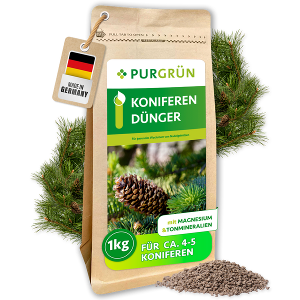 Purgrün Koniferendünger 1 Kilogramm mit Magnesium und Tonmineralien für circa 4 bis 5 Koniferen, hergestellt in Deutschland.