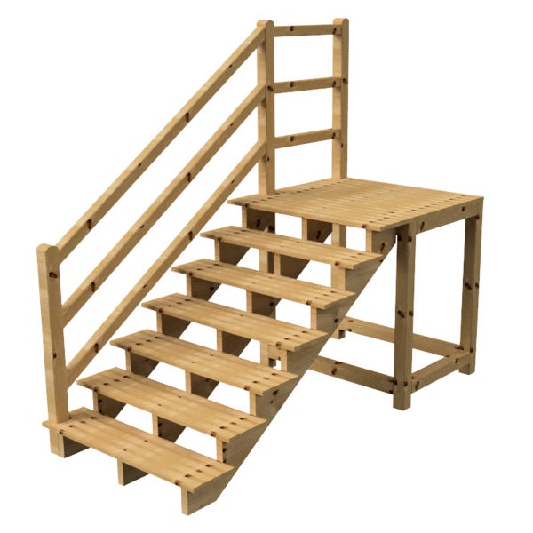 Holztreppe mit Geländer und Plattform