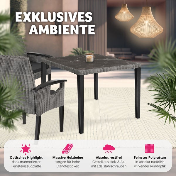 Gartenmöbel Set mit Polyrattan Stühlen und Tisch mit Feinsteinzeugplatte