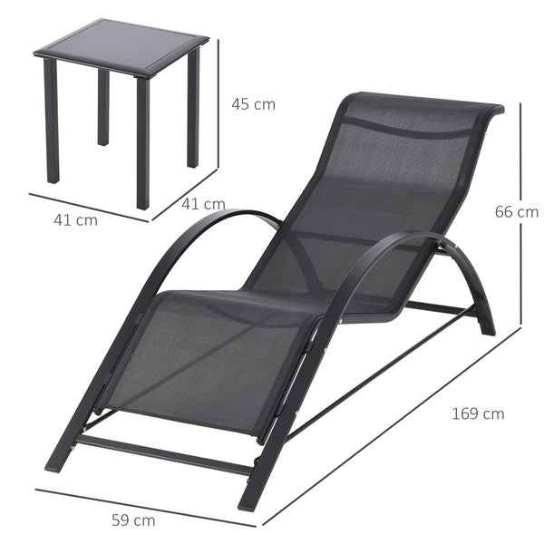 Outsunny 3-tlg. Gartenliege mit 2 Sonnenliegen, 1 Beistelltisch, 59L x 169B x 66H cm, Metall, Mesh, Schwarz