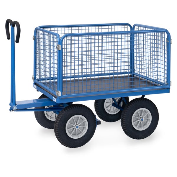 Handwagen mit Gitterwänden und vier Luftreifen aus blauem Metall für den Transport.