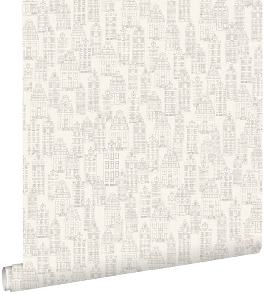 ESTAhome Tapete Amsterdamer Grachtenhäuser Silber - 53 cm x 10.05 m - 137710