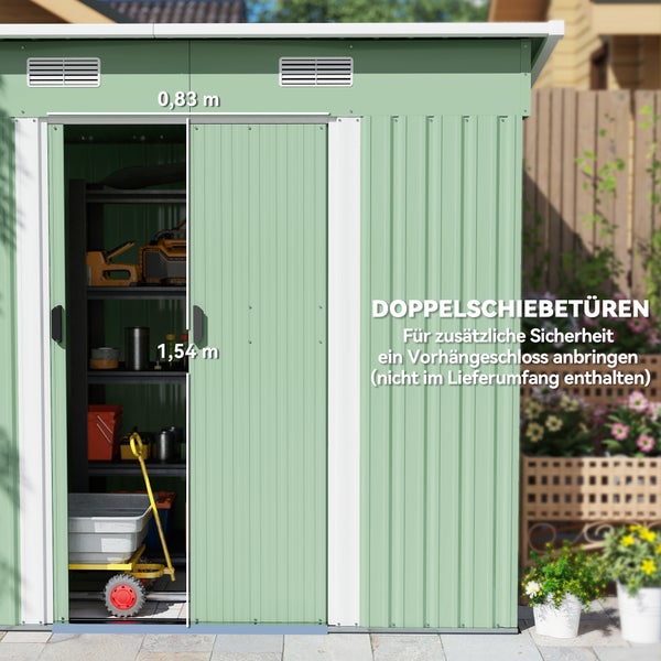 Metall Gerätehaus mit Doppelschiebetüren, Abmessungen 0,83 Meter mal 1,54 Meter