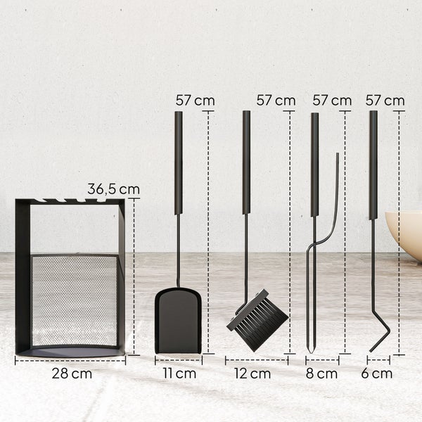 Kamingarnitur mit Schaufel, Besen, Schürhaken, Zange und Ständer mit Maßangaben