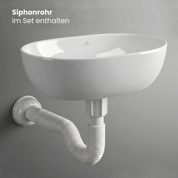 Ovales Lavio Aufsatzwaschbecken mit flexiblem Siphonrohr. Lavio Logo. Das Siphonrohr ist im Set enthalten.