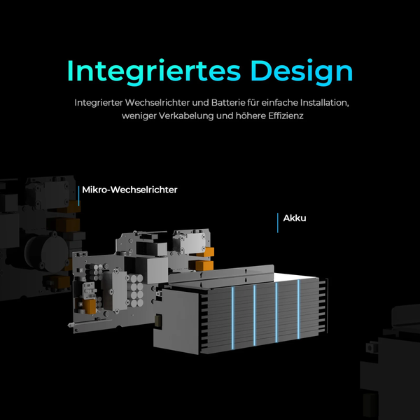 Integriertes Design von Mikro-Wechselrichter und Akku für einfache Installation und hohe Effizienz.