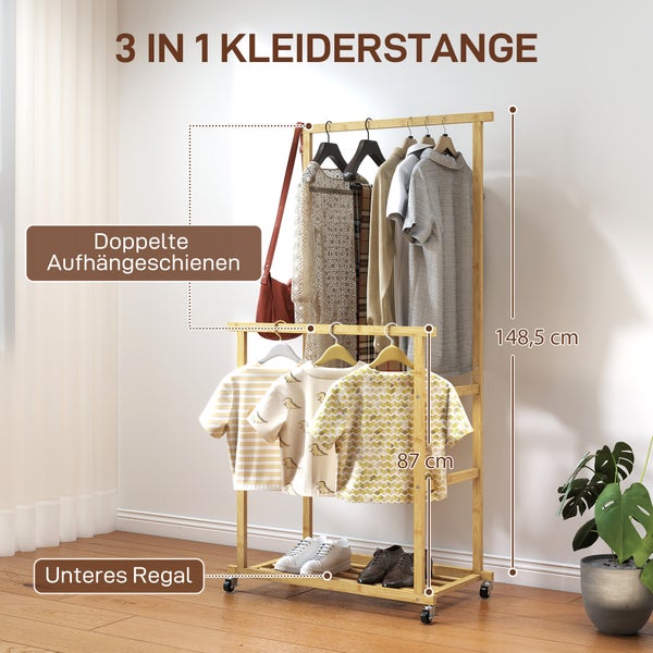Bambus Kleiderstange mit zwei Hängeschienen, unterer Ablage und Rollen. Gesamthöhe 148,5 Zentimeter, untere Schiene 87 Zentimeter.